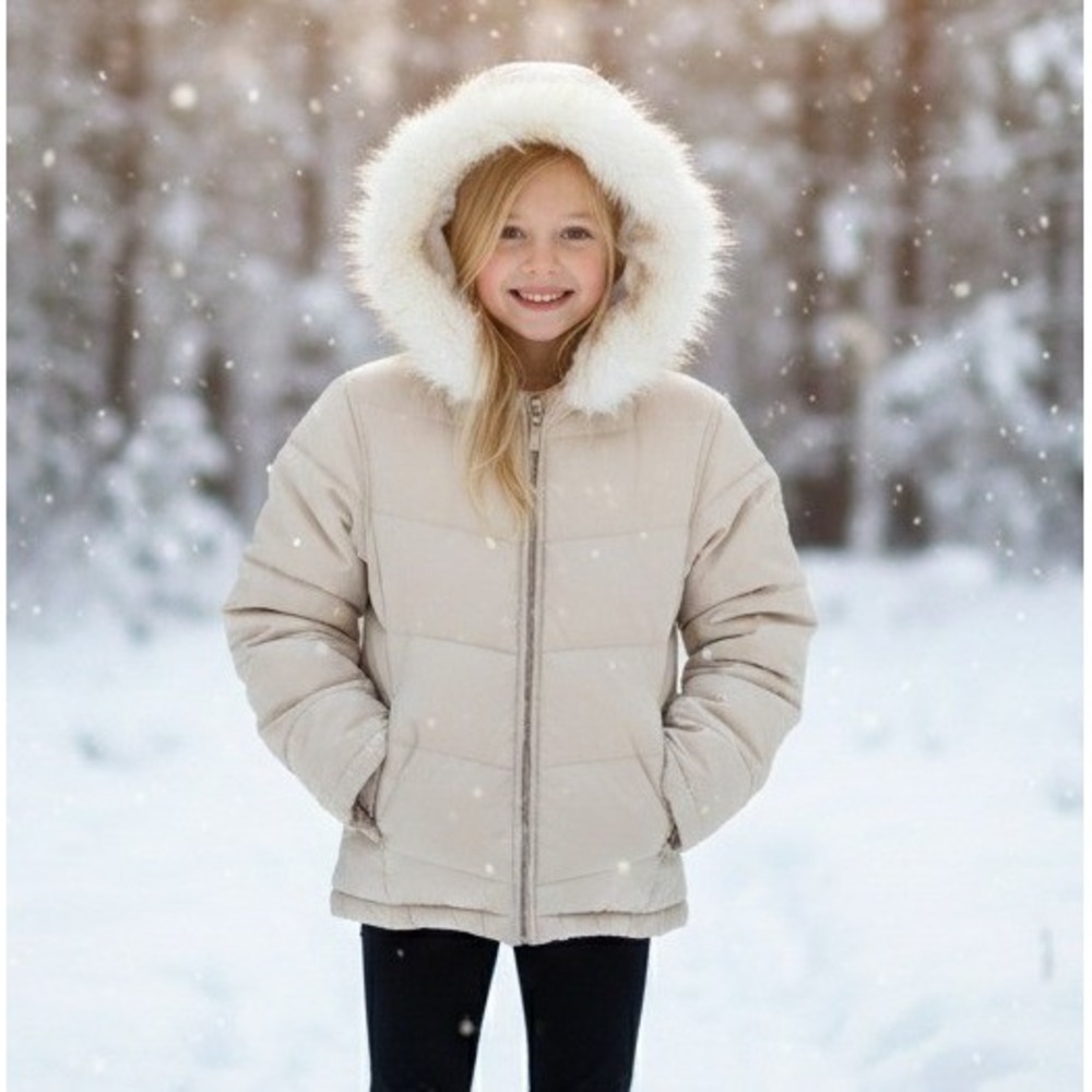 Lilu Down Puffer‎ Jacket Hooded Faux Fur Trim Youth Beige Size S Winter Outdoor
